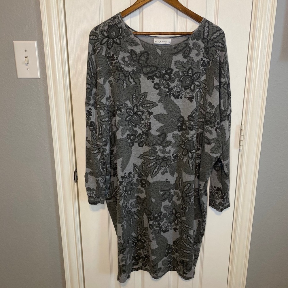 Bryn Walker Shift Dress Medium Grey Floral French Terry Made in USA Cottagecore‎